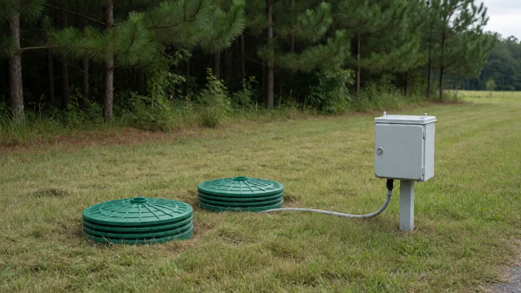 Septic riser lids set flush in a lawn beside a weatherproof control panel